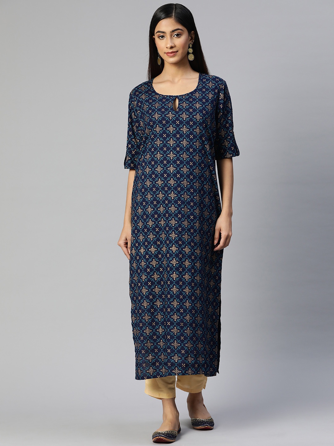 

Aasiya Women Navy Blue & Teal Ethnic Motifs Printed Keyhole Neck Kurta