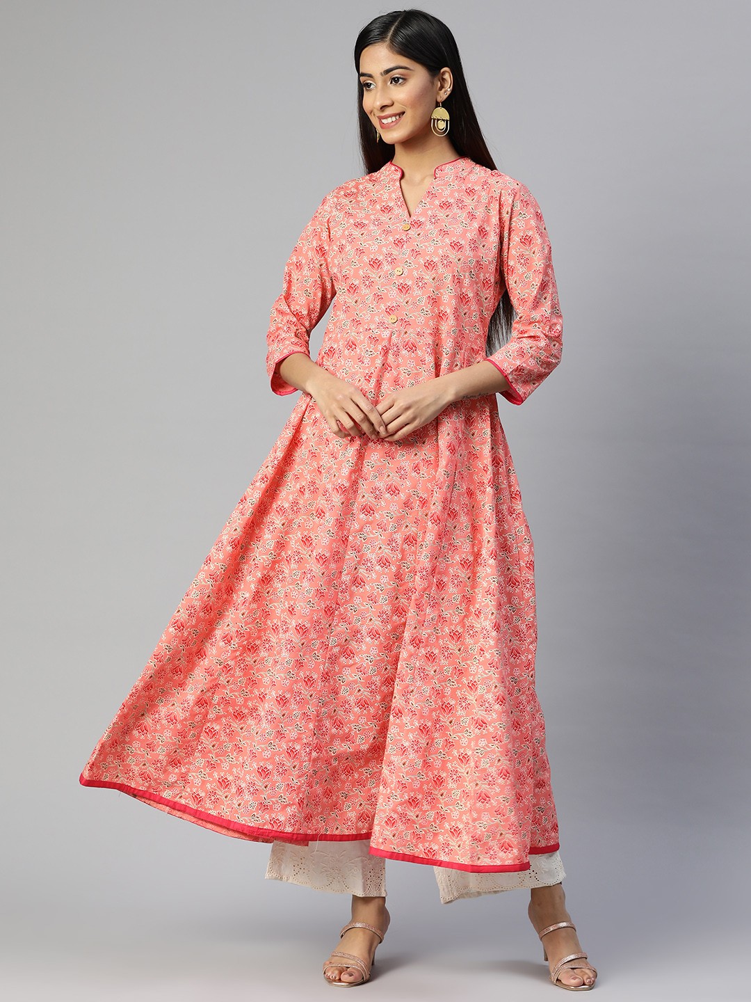 

Aasiya Women Floral Printed Anarkali Pure Cotton Kurta, Peach