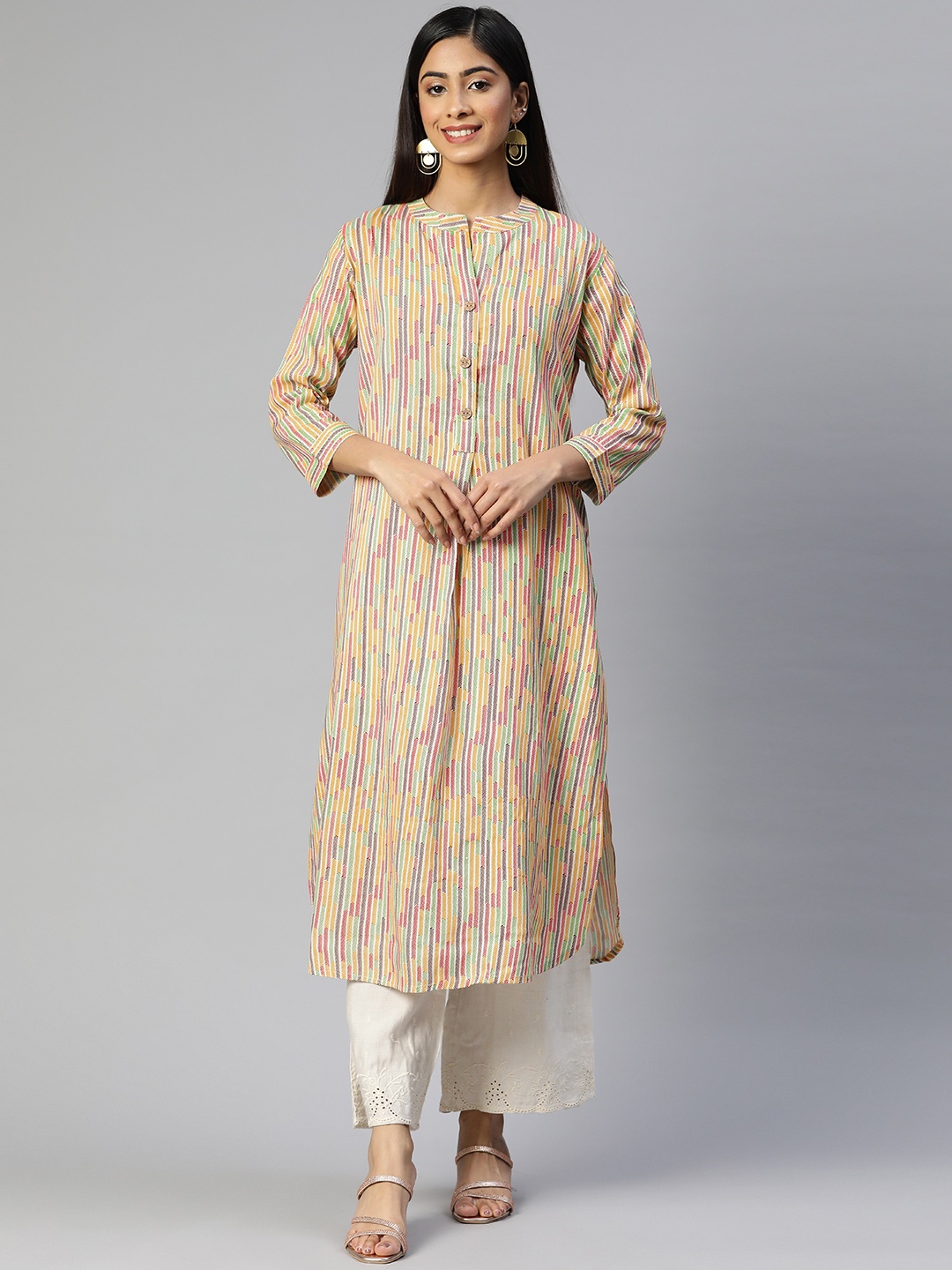 

Aasiya Women Striped Mandarin Collar Pure Cotton Kurta, Multi