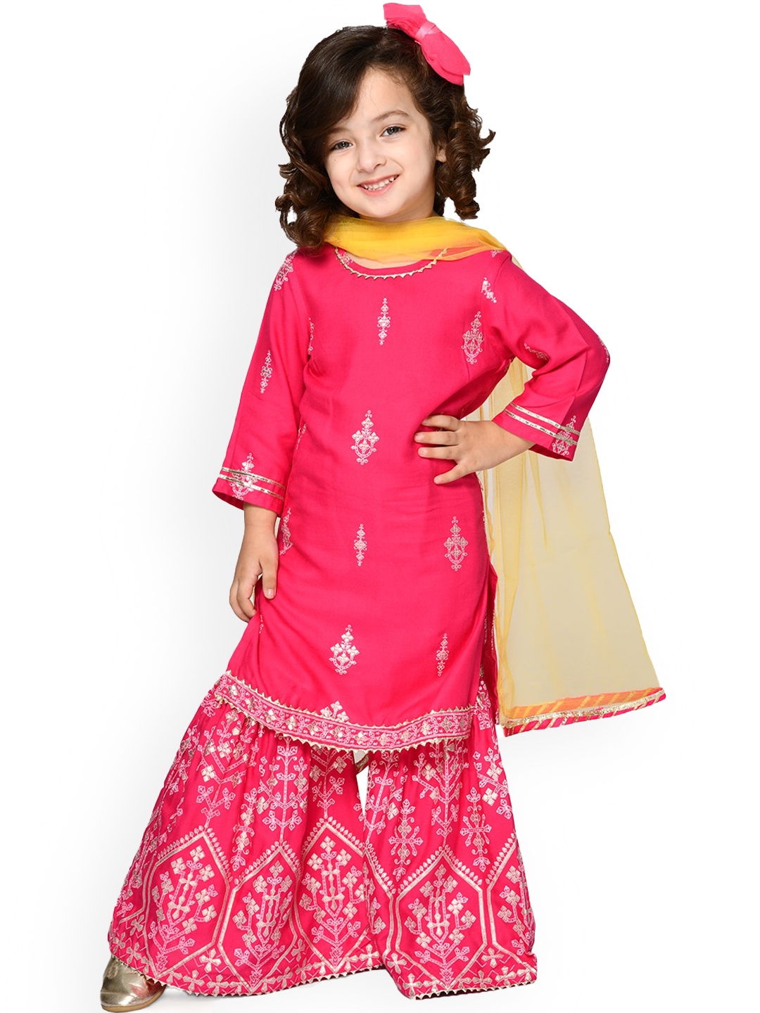 

SAKA DESIGNS Girls Motifs Printed Pure Cotton Kurta with Sharara & Dupatta, Pink