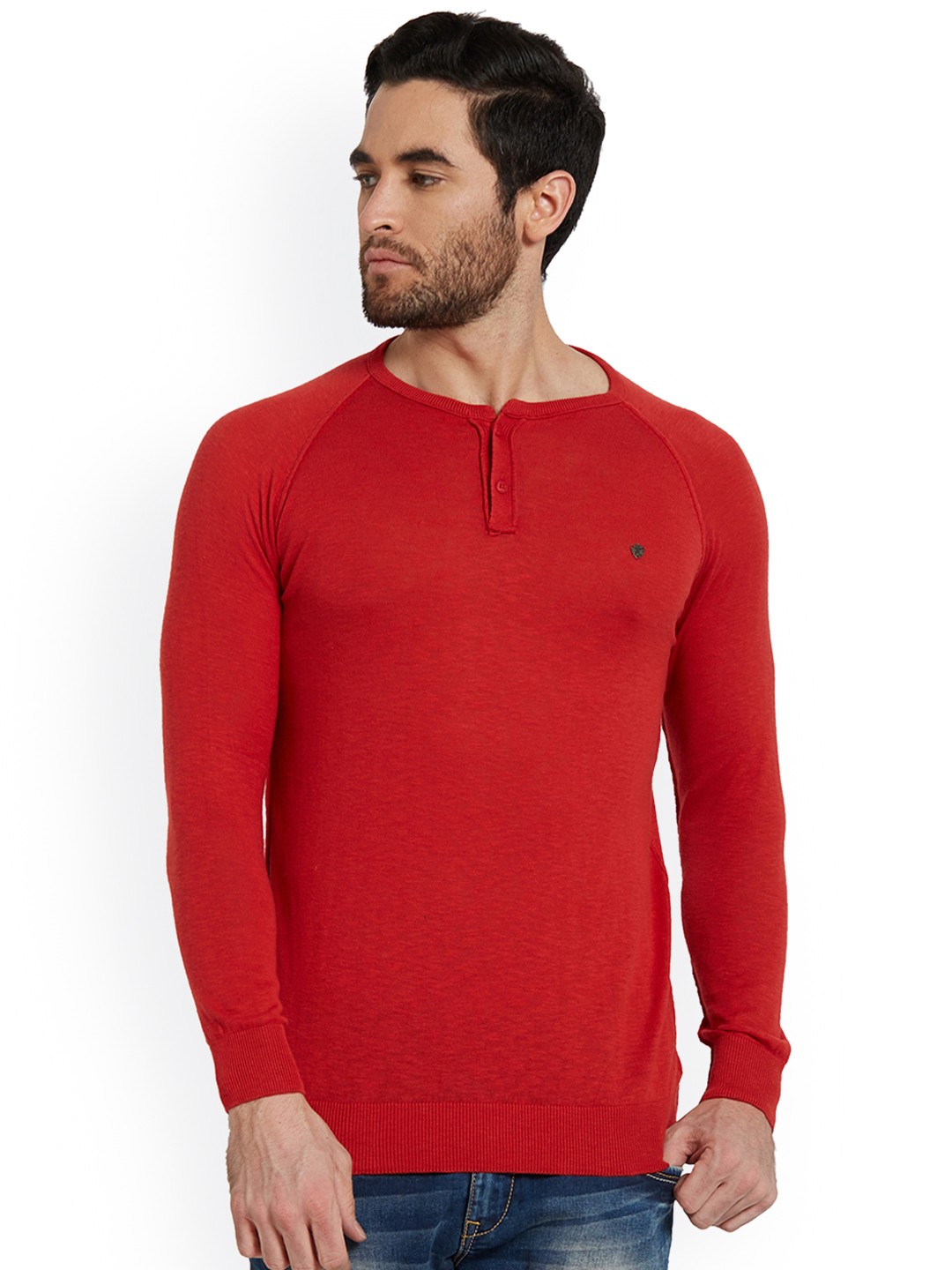 

SPYKAR Men Red Solid Henley Neck T-shirt