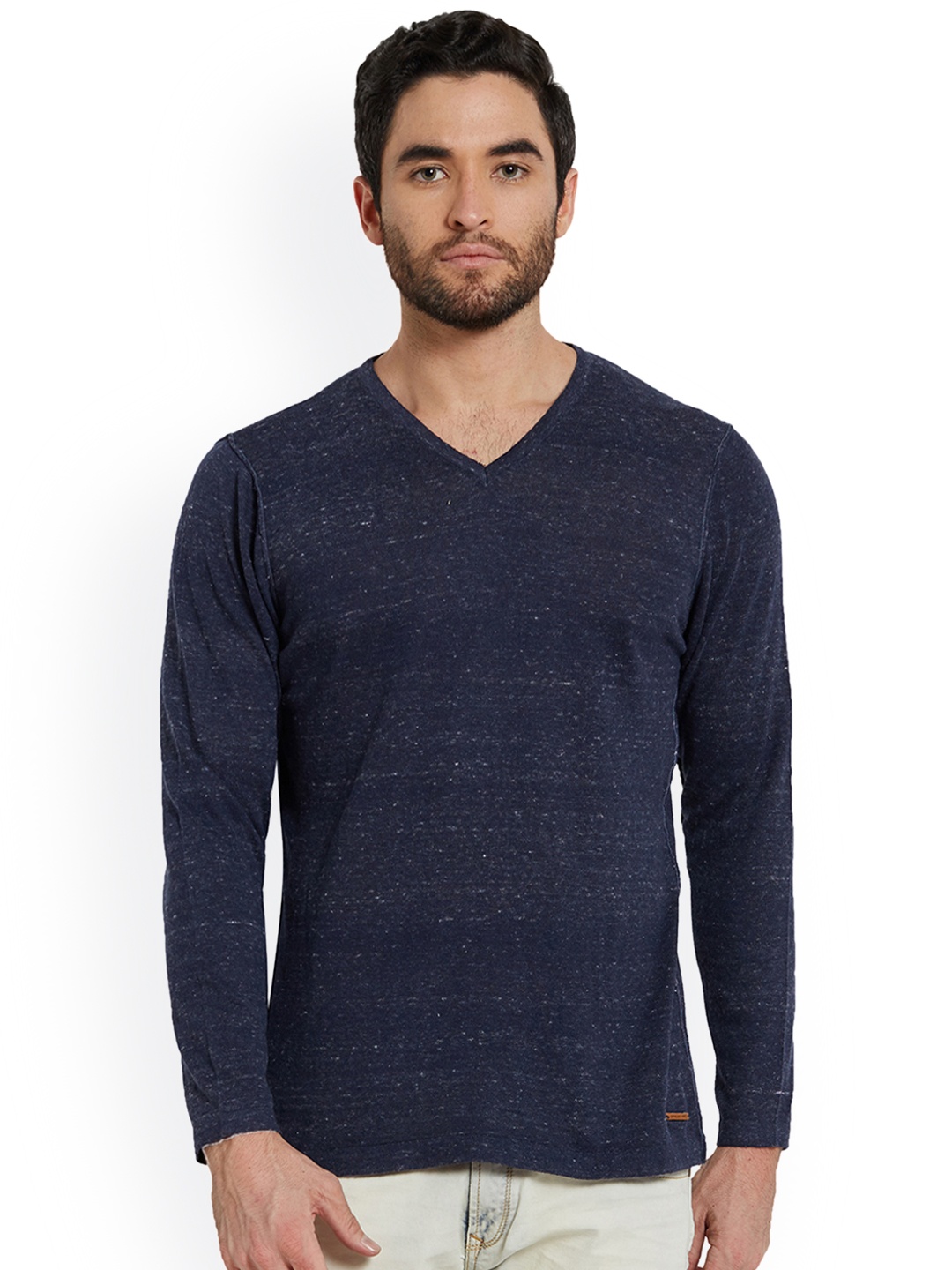 

SPYKAR Men Blue Self Design V-Neck T-shirt