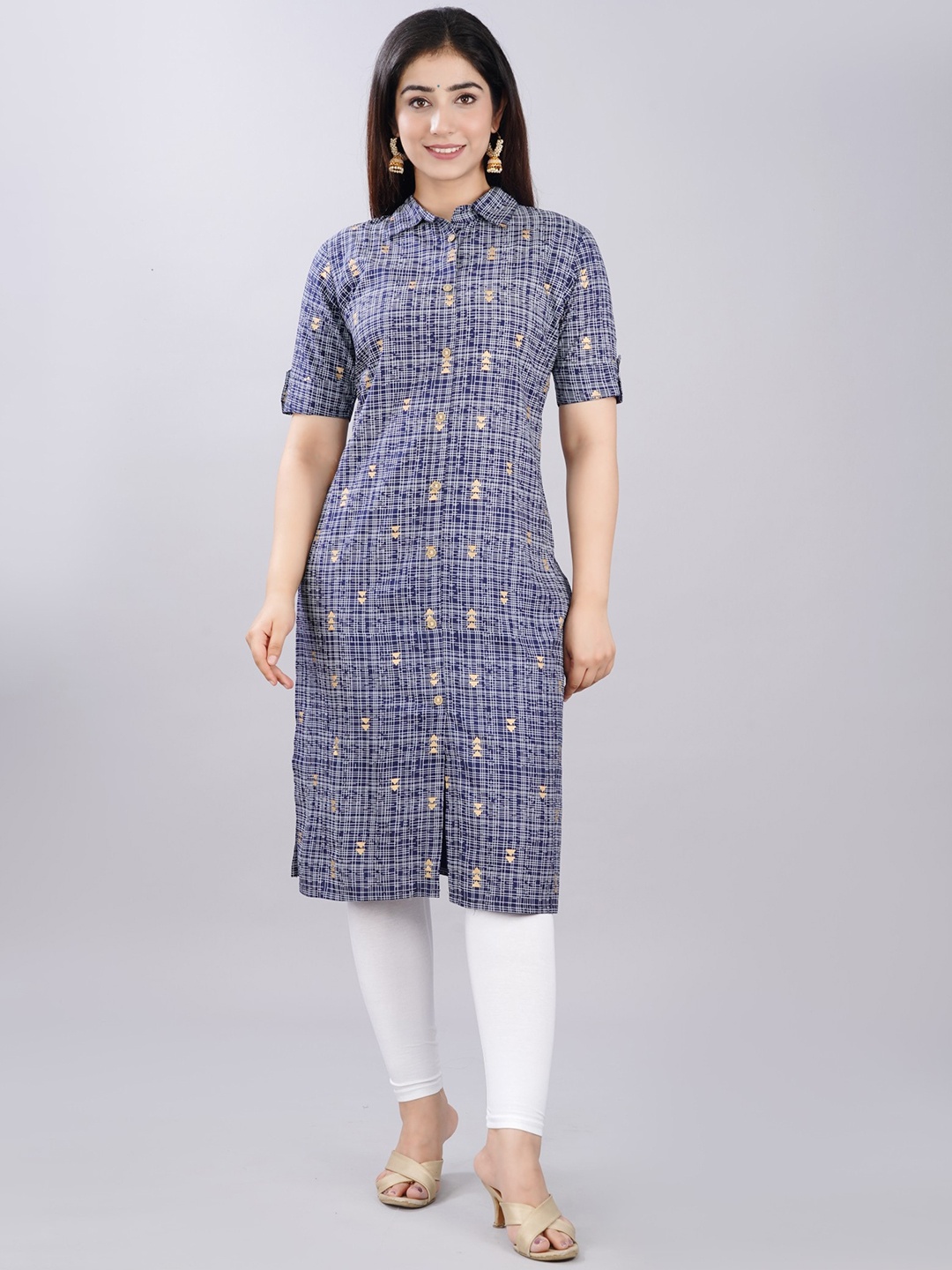 Glorious Checked Thread Work Straight Regular Fit Kurta, Blue