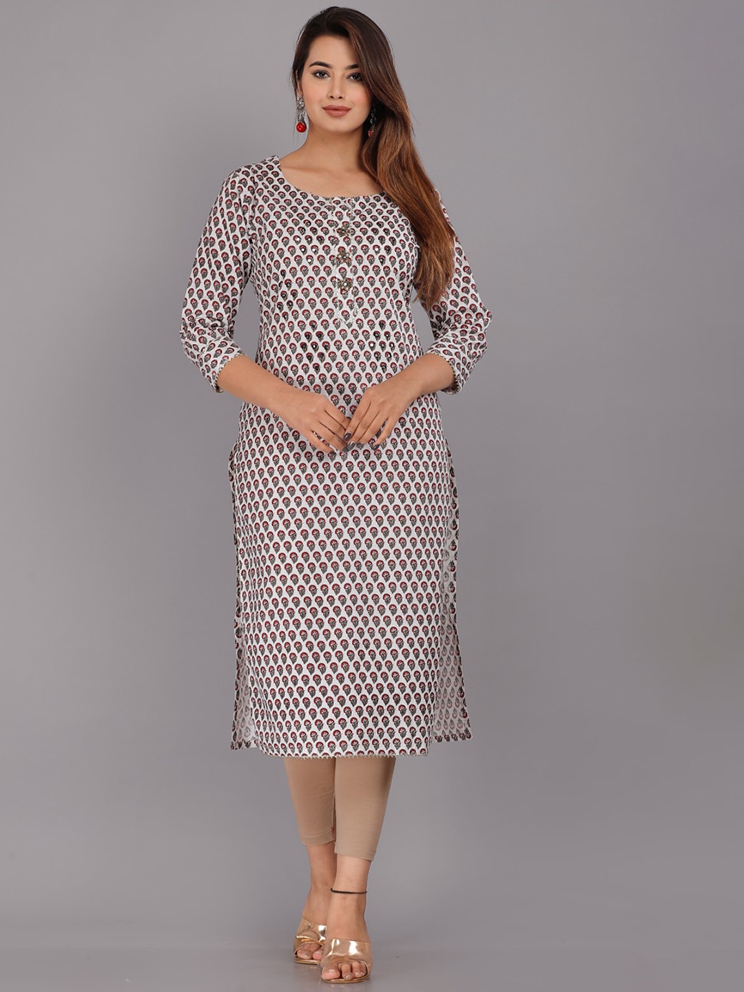 

KALINI Women Floral Printed Mirror Work Kurta, White