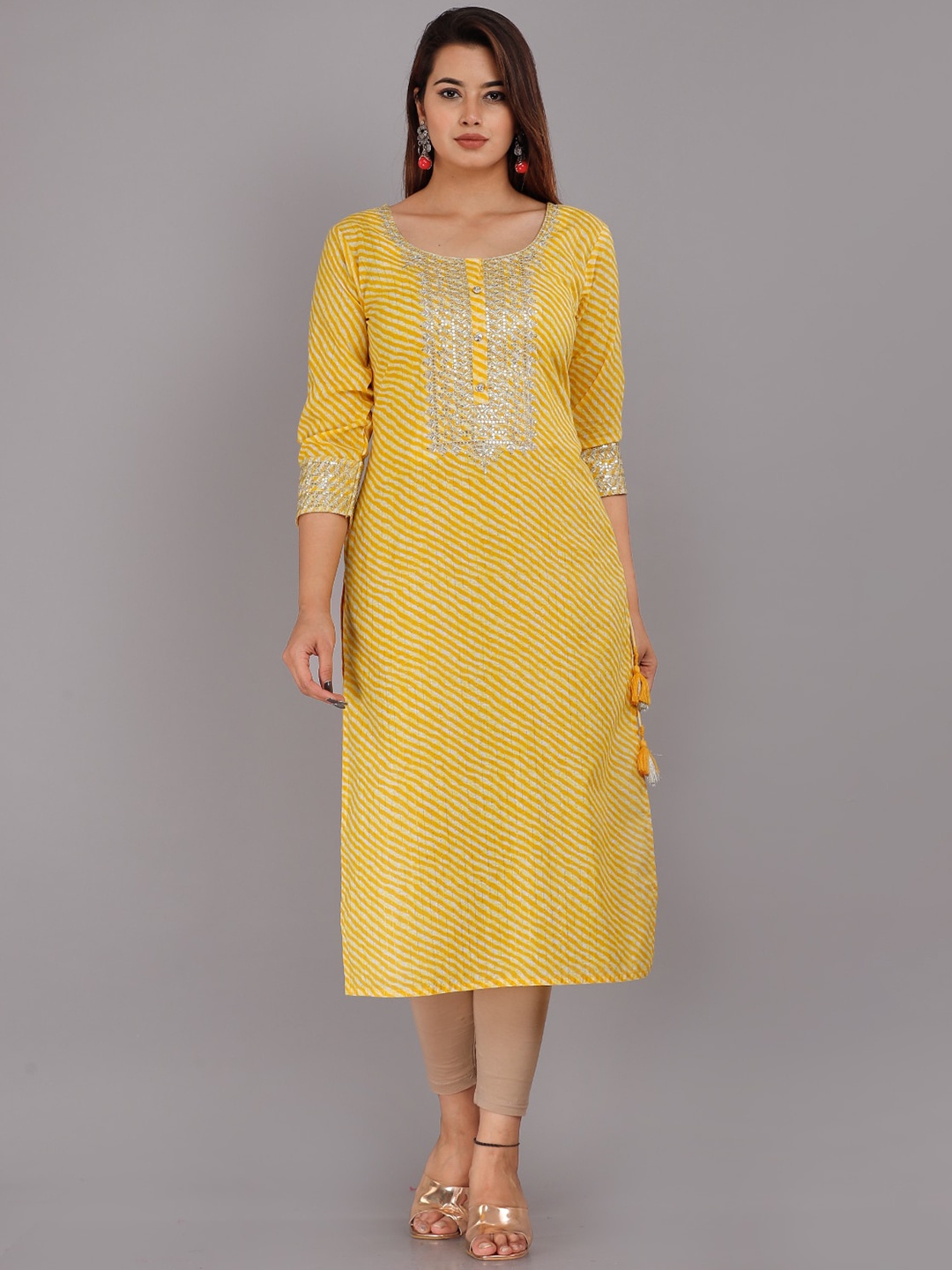 

KALINI Women Cotton Leheriya Printed Kurta, Yellow
