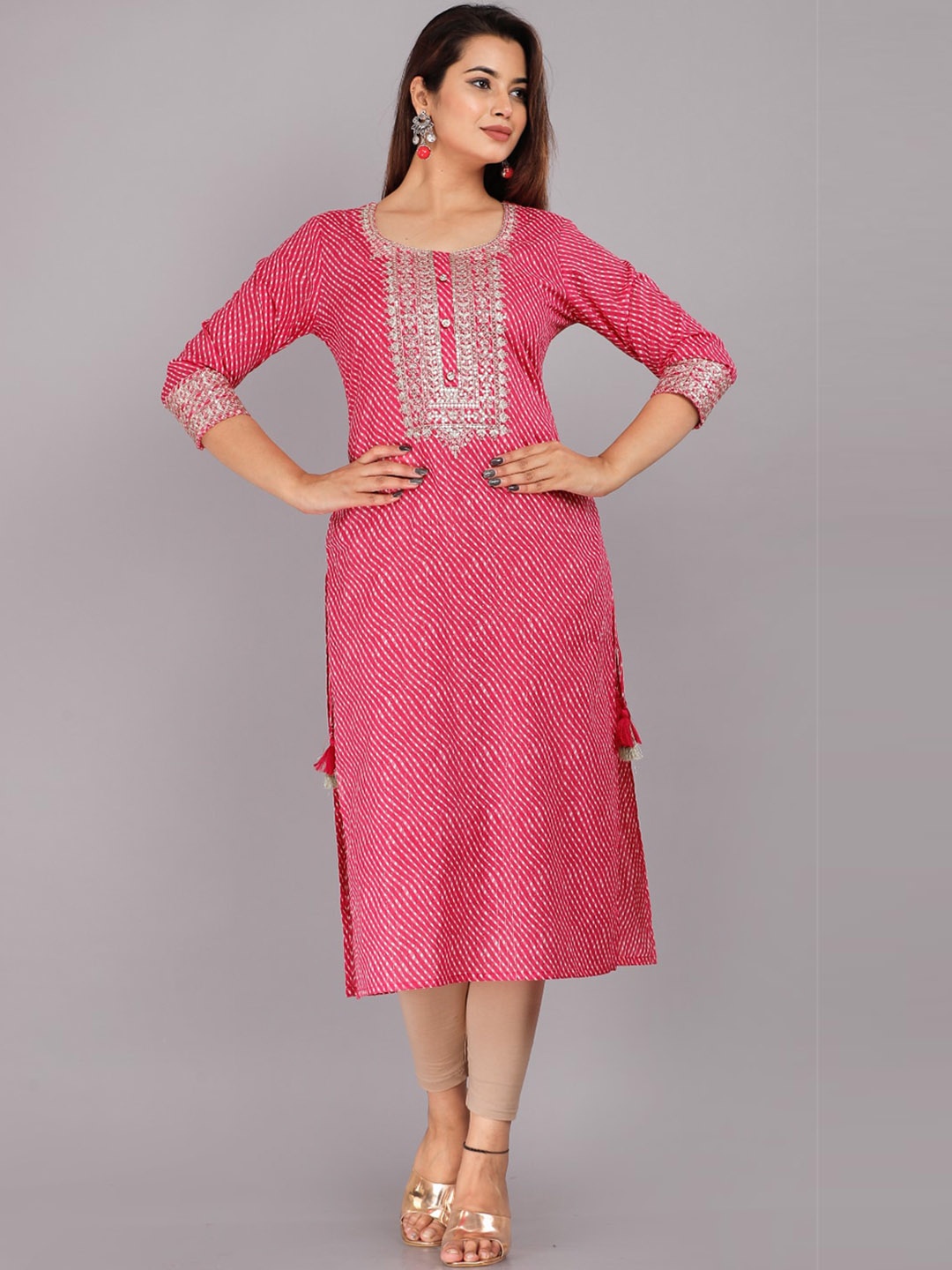 

KALINI Women Leheriya Sequinned Yoke Design Cotton Kurta, Pink