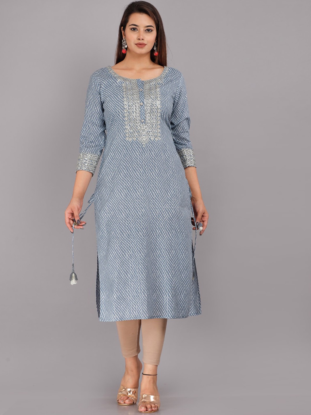 

KALINI Geometric Thread Work Cotton Kurta, Grey