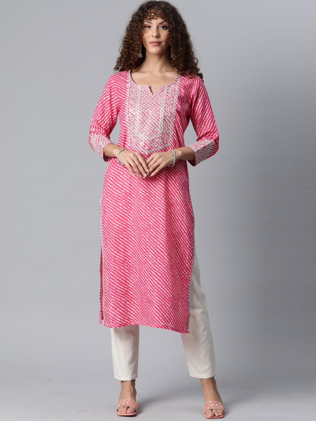 

KALINI Women Ethnic Motifs Embroidered Flared Sleeves Thread Work Kurta, Pink