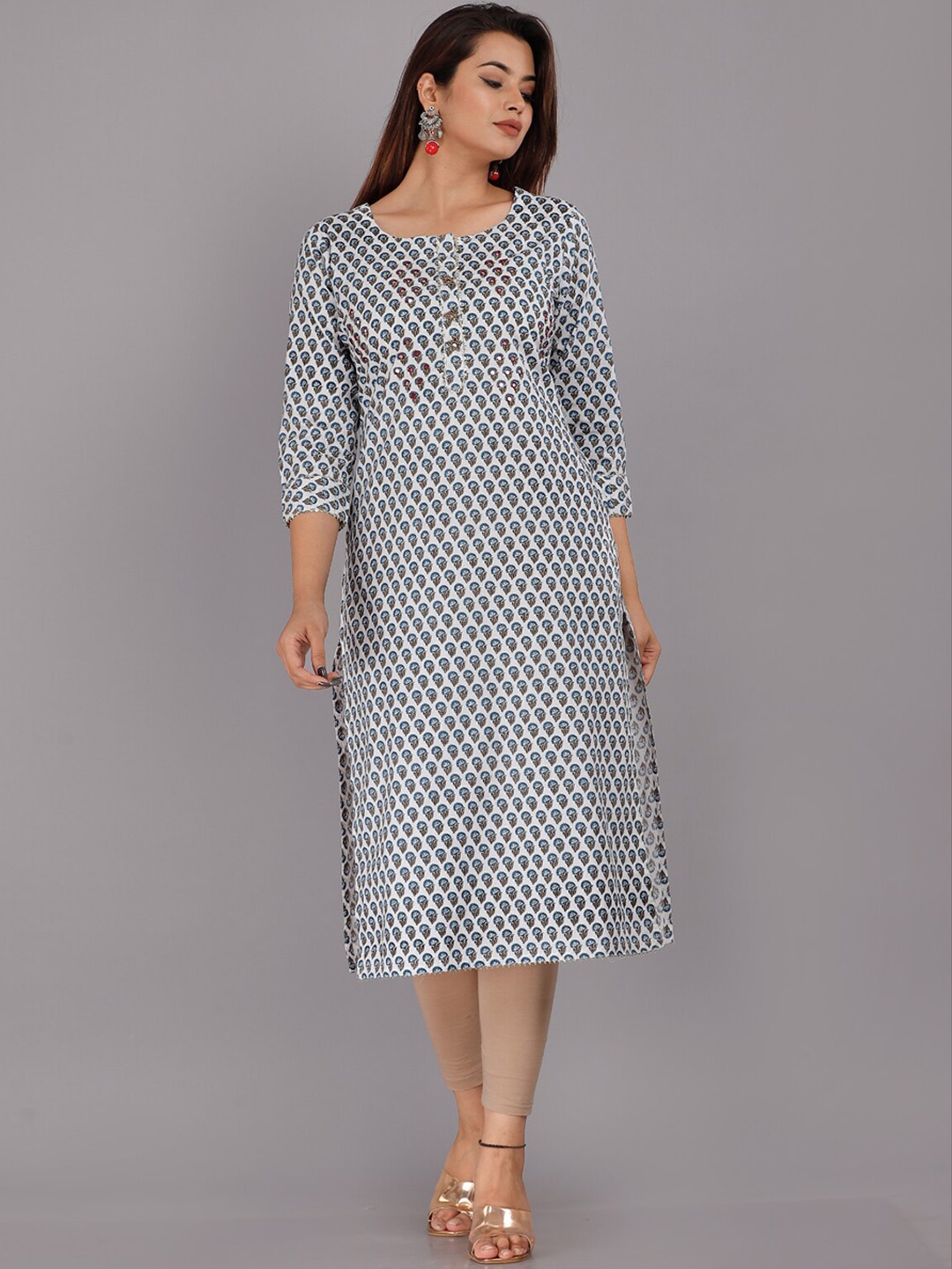 

KALINI Floral Printed Straight Regular Kurta, Blue