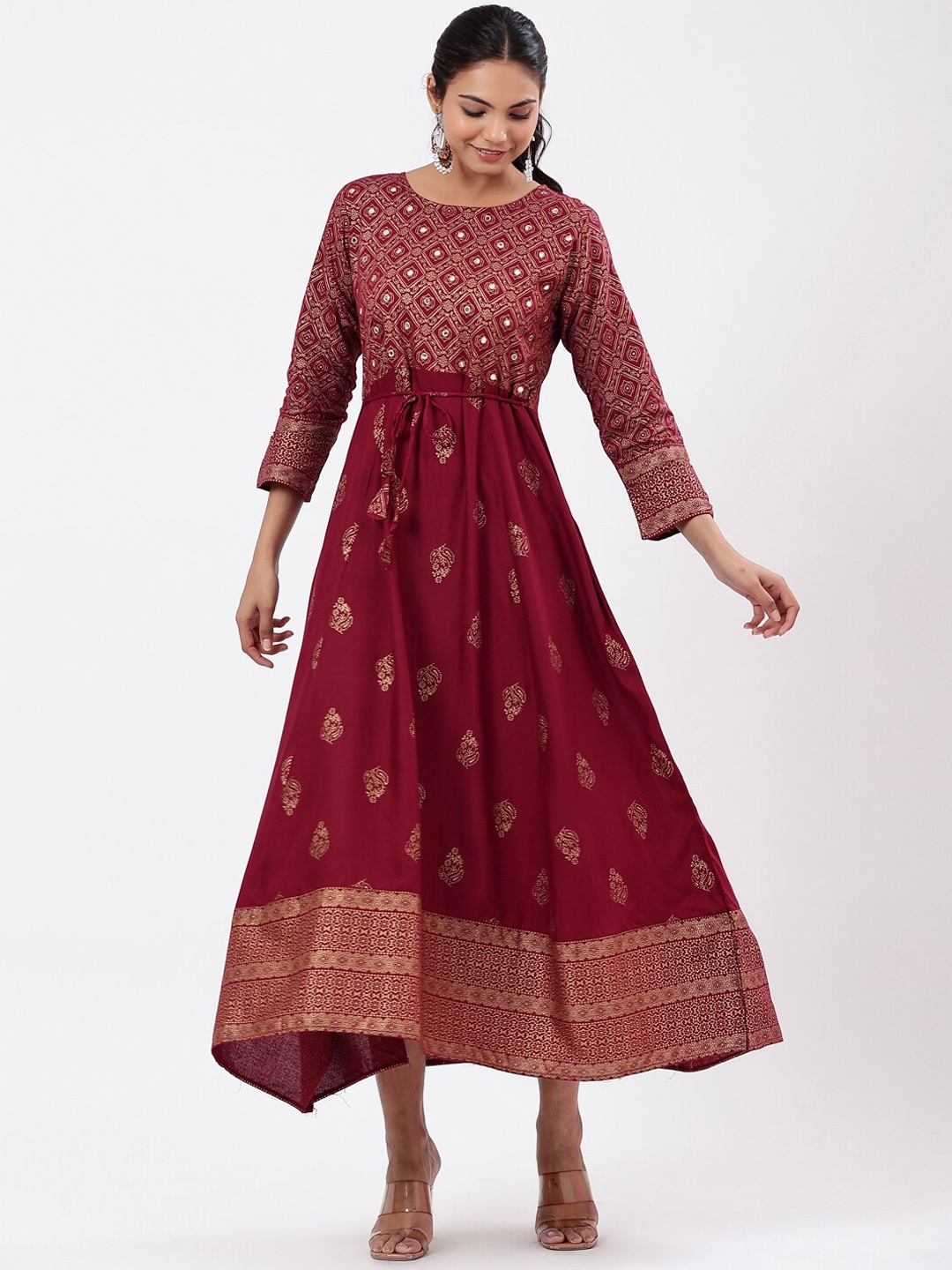

PK Fashions Women Ethnic Motifs Printed Flared Sleeves Mirror Work Anarkali Kurta, Maroon