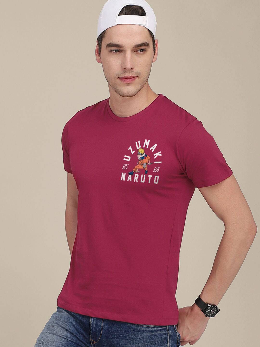 

Free Authority Men Red Typography Naruto Printed Cotton T-shirt