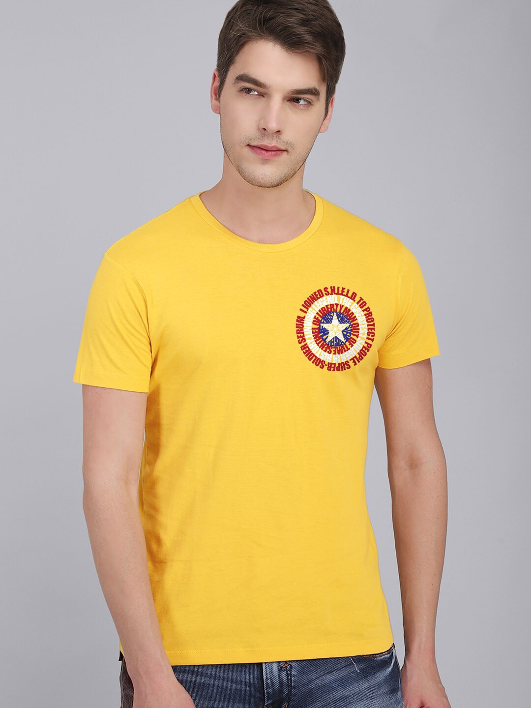 

Free Authority Men Typography Captain America Printed Cotton T-shirt, Yellow
