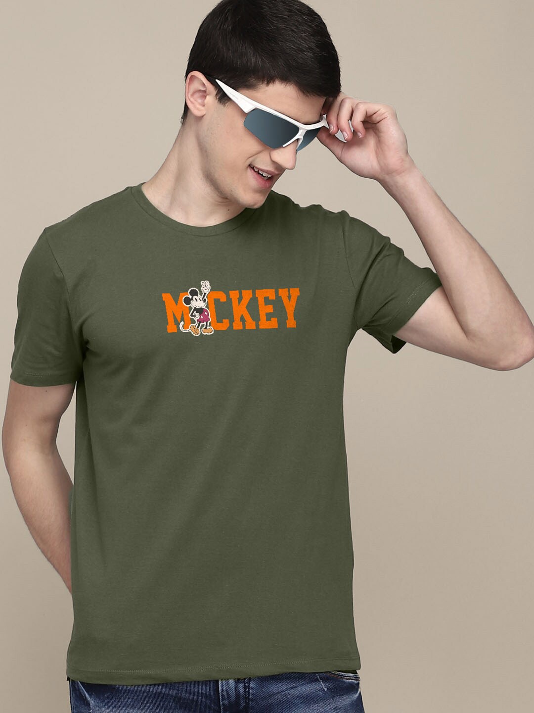 

Free Authority Men Typography Mickey Mouse Printed Cotton T-shirt, Green