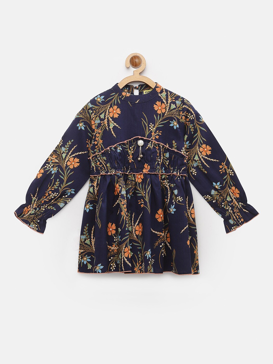 

NYNSH Girls Floral Printed Pure Cotton Dress, Navy blue