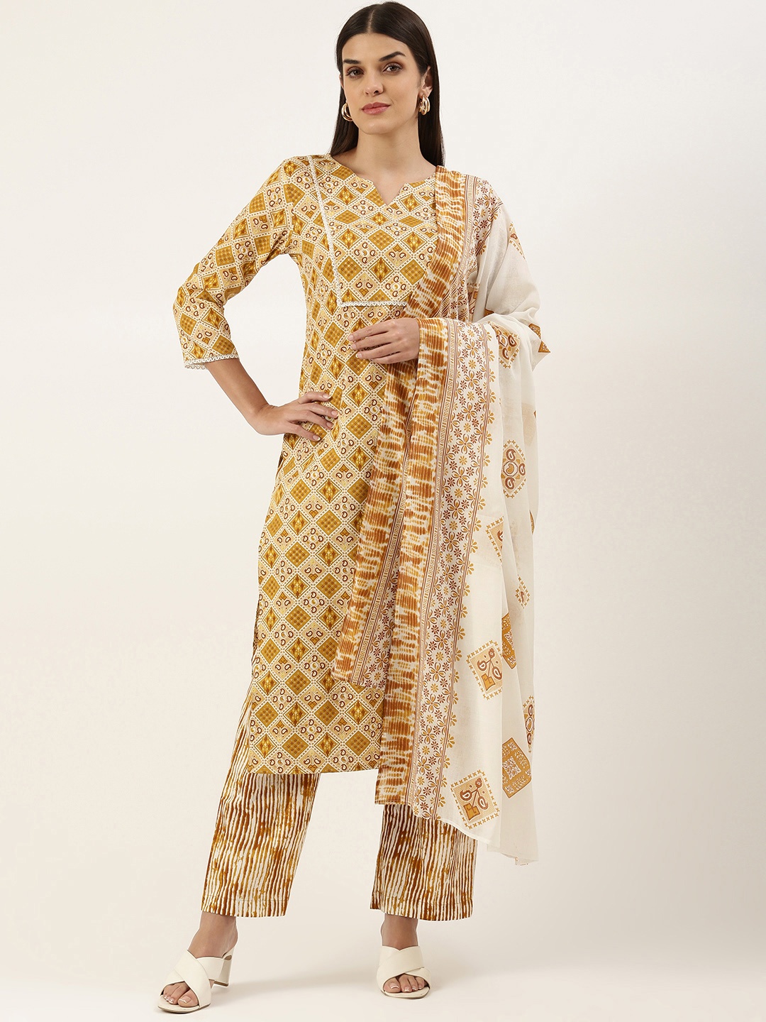 

SWAGG INDIA Women Ethnic Motifs Printed Thread Work Kurta With Trousers & Dupatta, Mustard