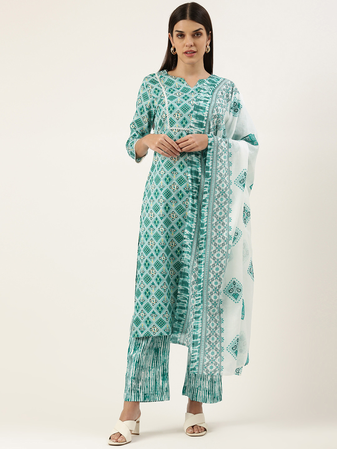 

SWAGG INDIA Women Ethnic Motifs Printed Thread Work Kurta With Trousers & Dupatta, Turquoise blue