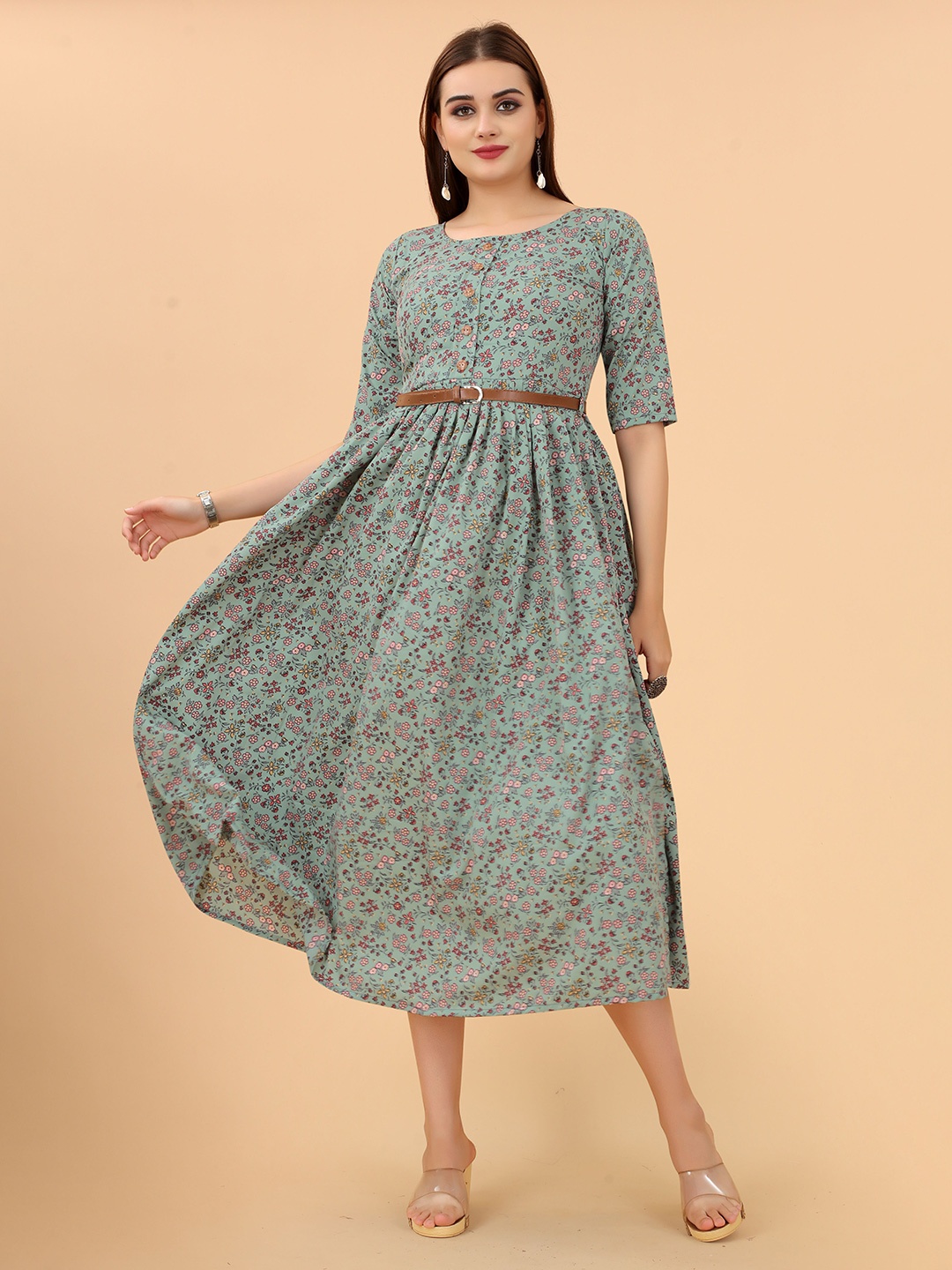 

KETAKI FASHION Floral Crepe A-Line Midi Dress, Green
