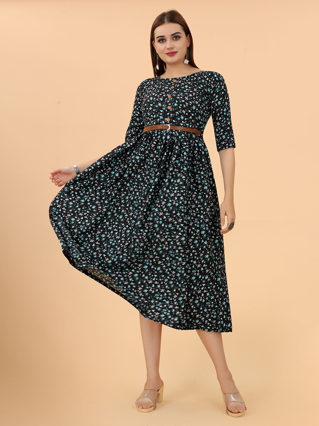 

KETAKI FASHION Women Floral Printed Crepe Midi Dress, Black