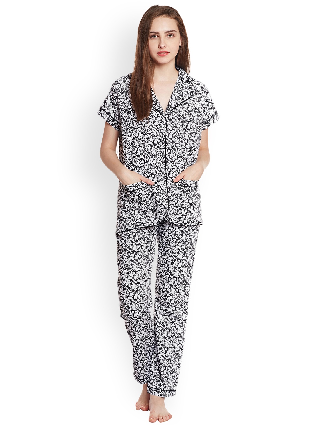 

Claura Black & White Printed Night Suit cot-56
