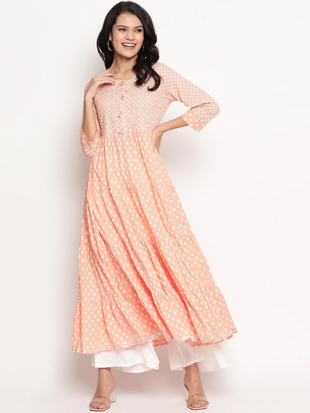 

Be Indi Women Round Neck Ethnic Motifs Anarkali Regular Kurta, Peach