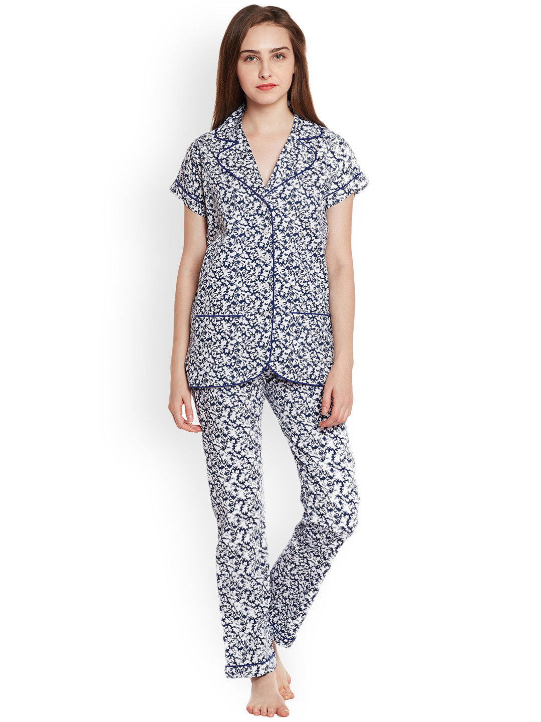 

Claura Blue & White Printed Night Suit cot-56