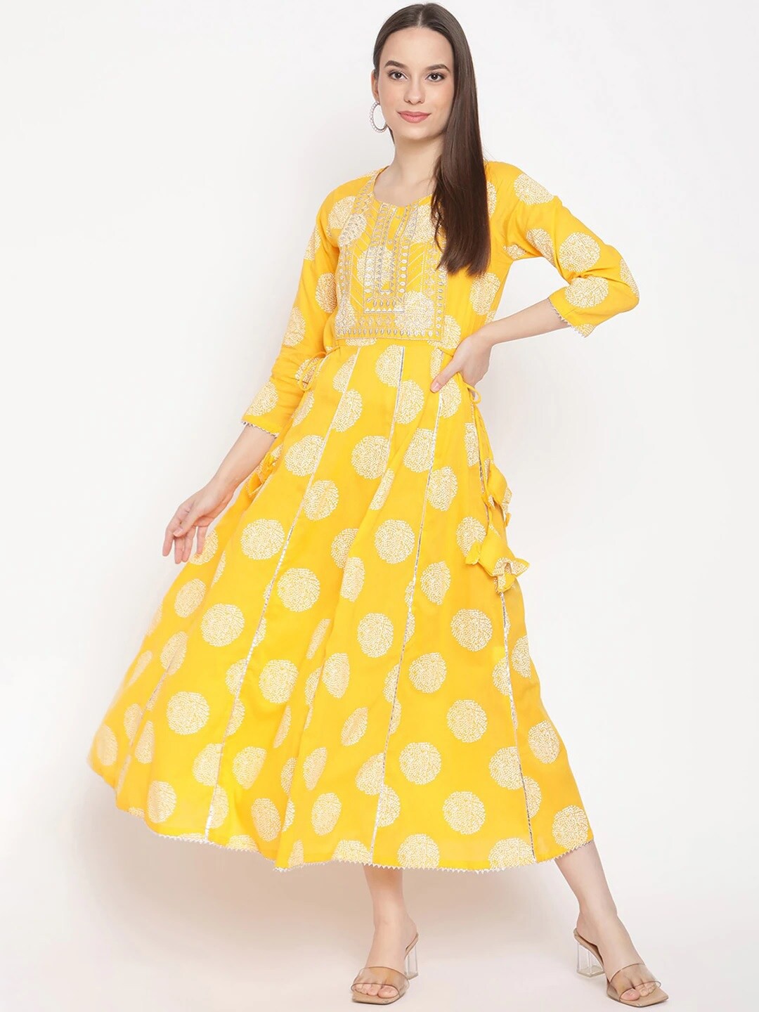 

Be Indi Cotton Printed Silver Thread Work Round Neck Gotta Patti Detailing Midi Dress, Mustard