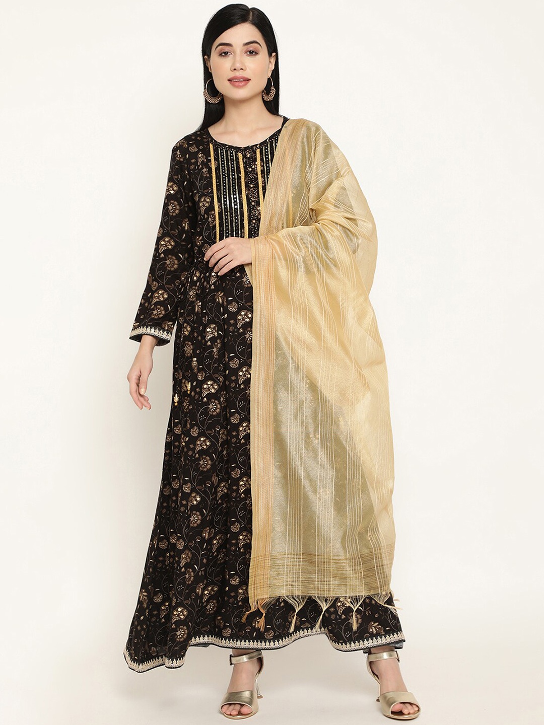 

Be Indi Floral Printed Maxi-Length Ethnic Dress With Self Design Dupatta, Black