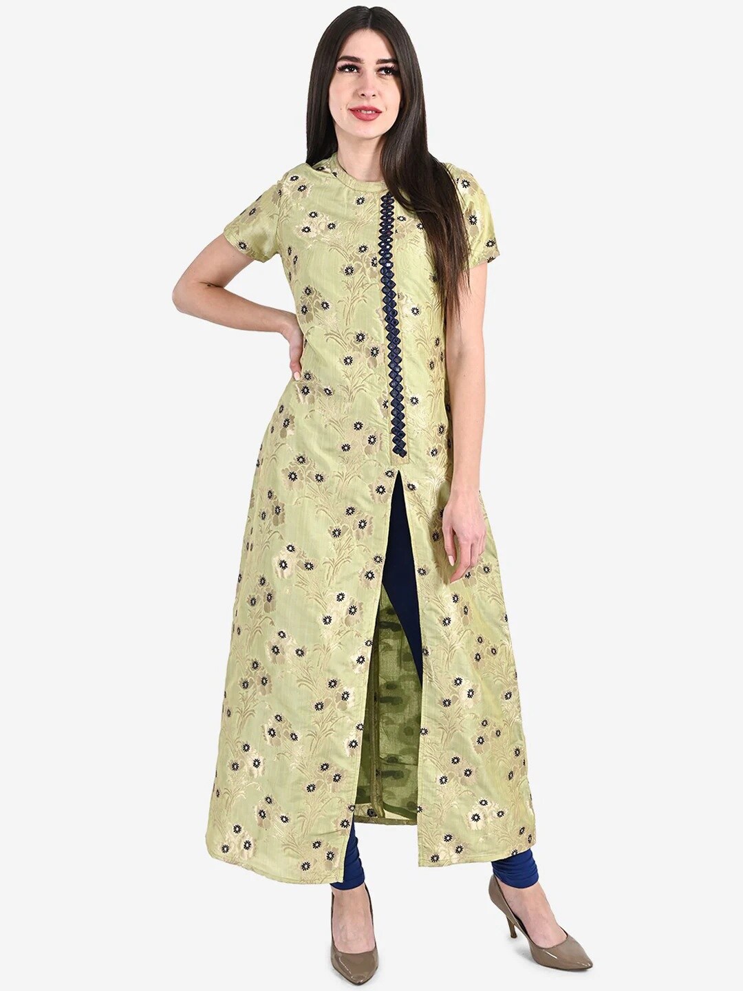 Be Indi Women Round Neck Floral A-Line Silk Front Slit Festive Kurta, Green