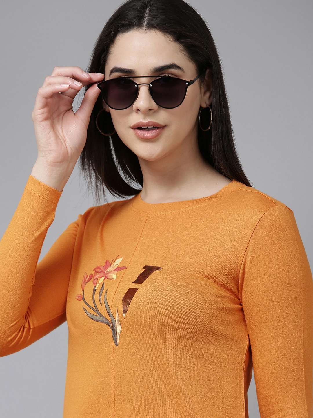 

Van Heusen Woman Women Floral & Brand Logo Print Knitted T-shirt, Mustard