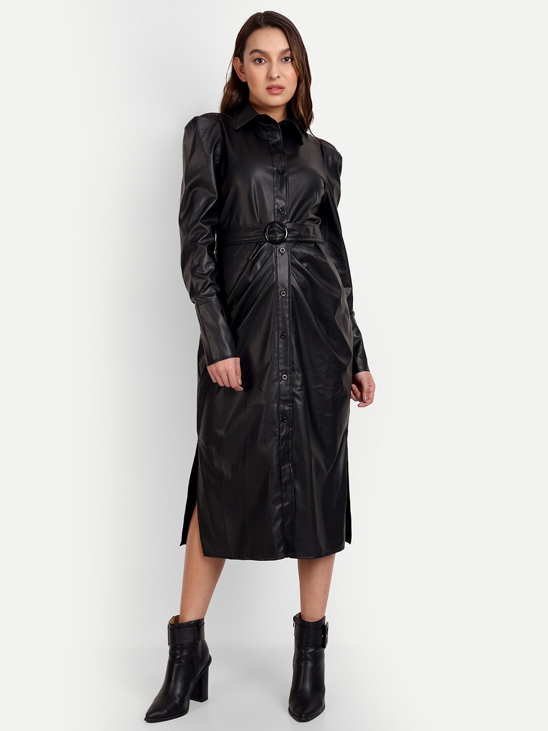 

iki chic Women Leather Shirt Midi Dress, Black