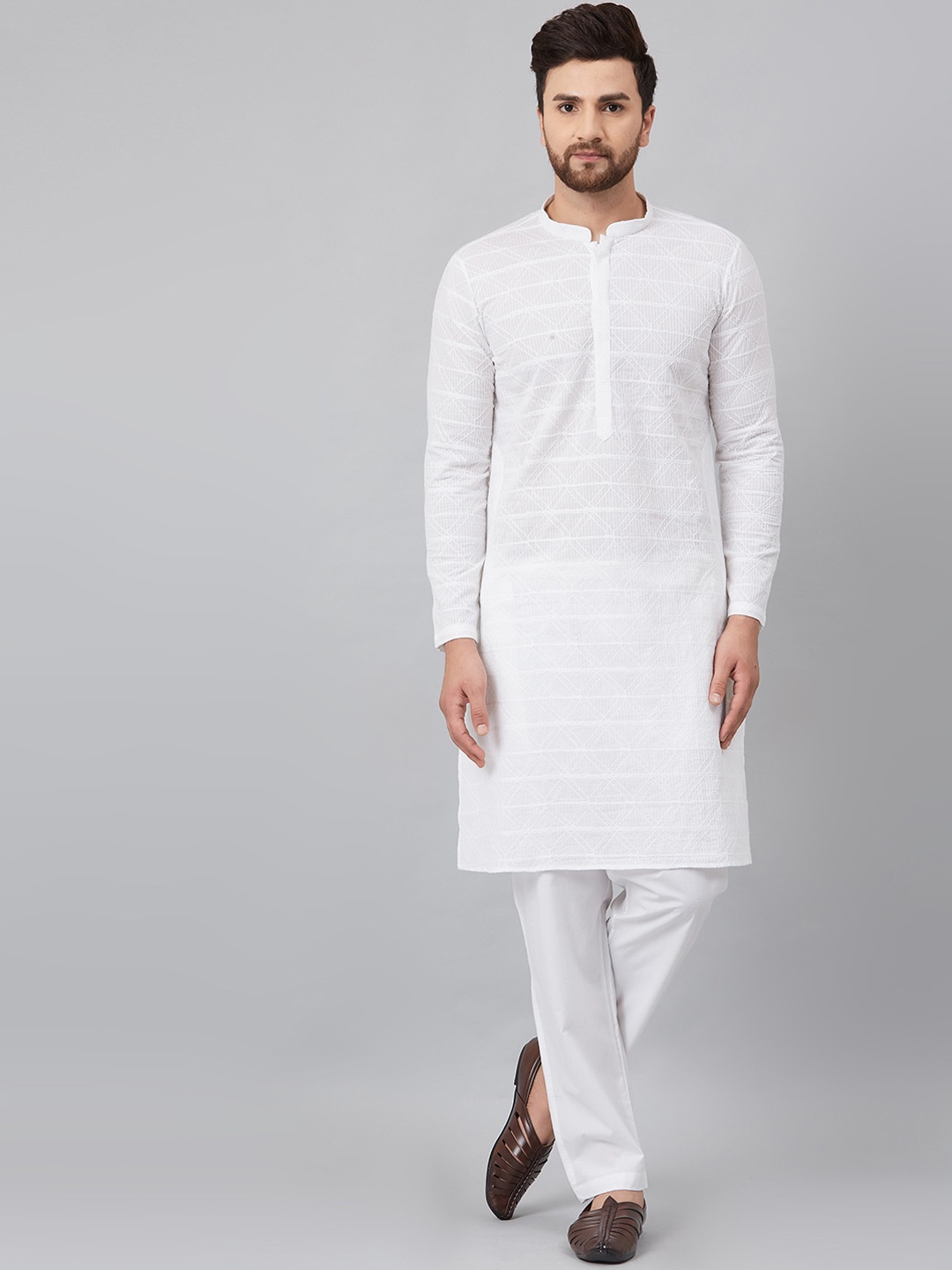 

See Designs Men Embroidered Chikankari Pure Cotton Kurta with Pyjamas, White