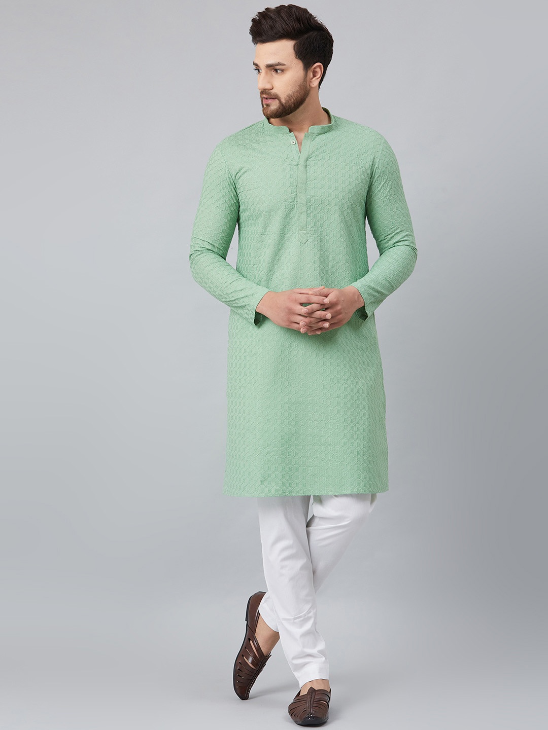 

See Designs Men Embroidered Pure Cotton Kurta with Trousers, Green