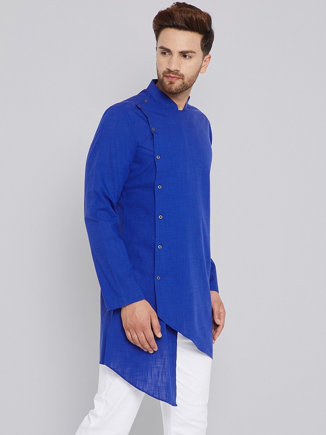 

See Designs Mandarin Collar Asymmetric Cotton Kurta, Blue