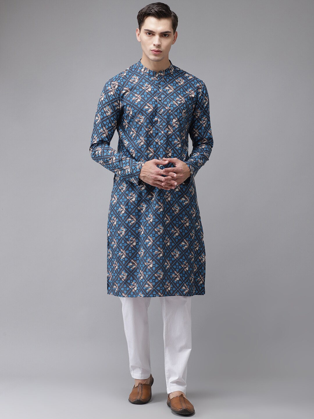 

See Designs Men Geometric Printed Handloom Kurta, Blue