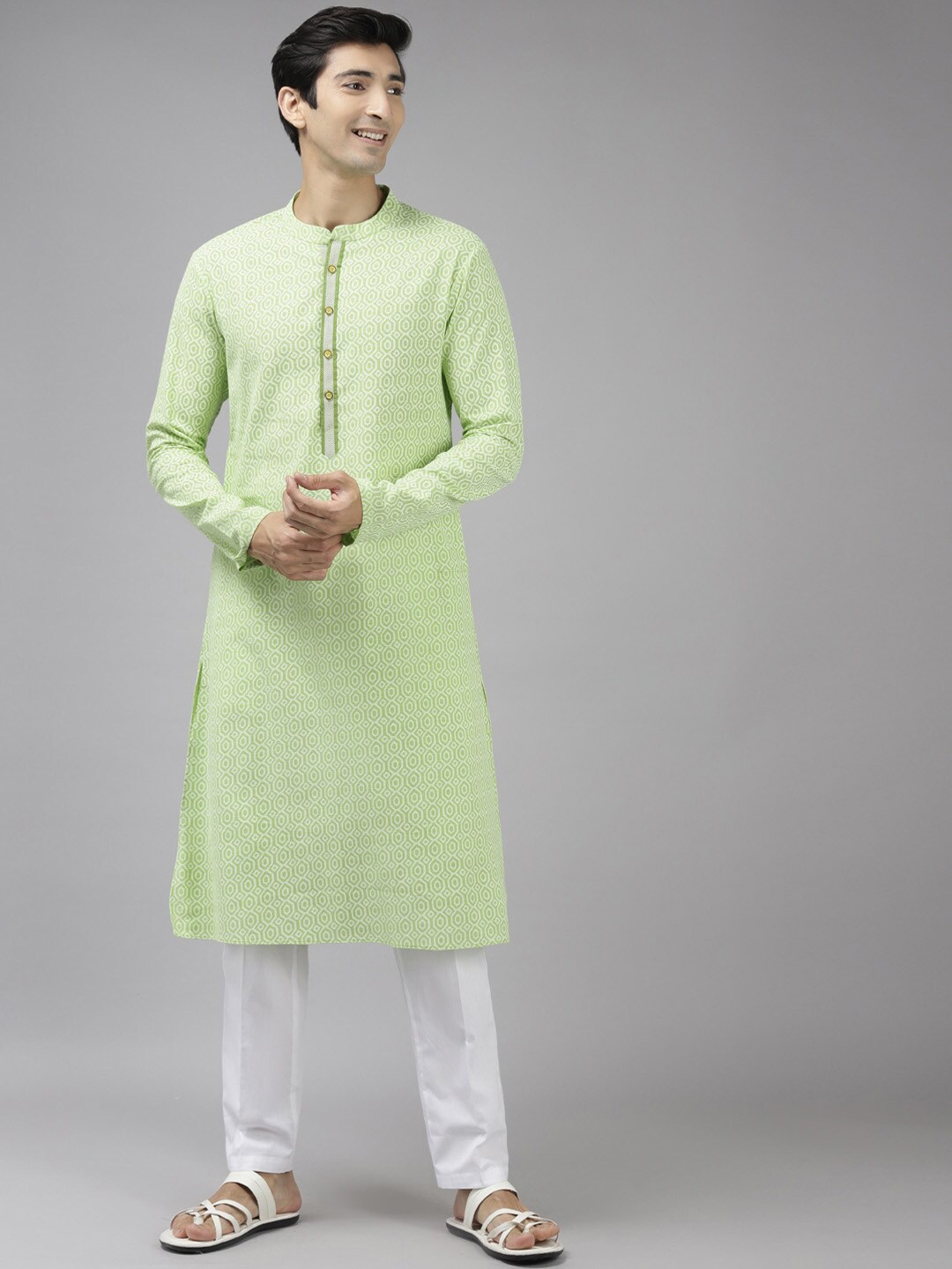 

See Designs Men Geometric Mandarin Collar Kurta, Lime green