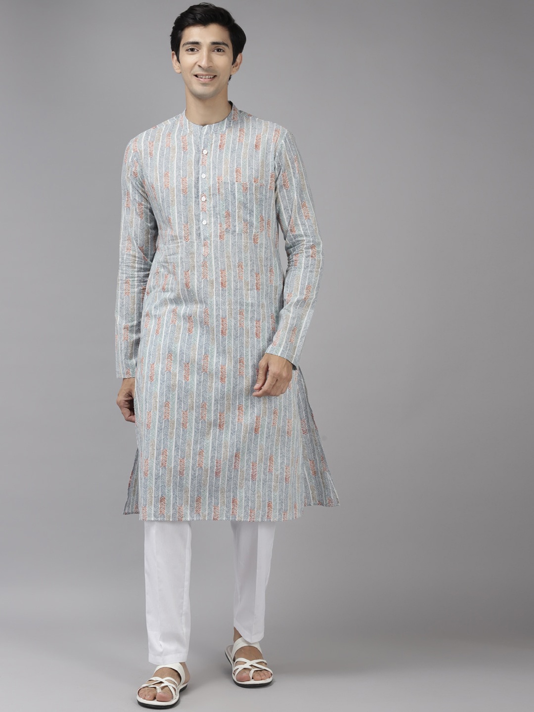 

See Designs Men Striped Pure Cotton Kurta, Grey