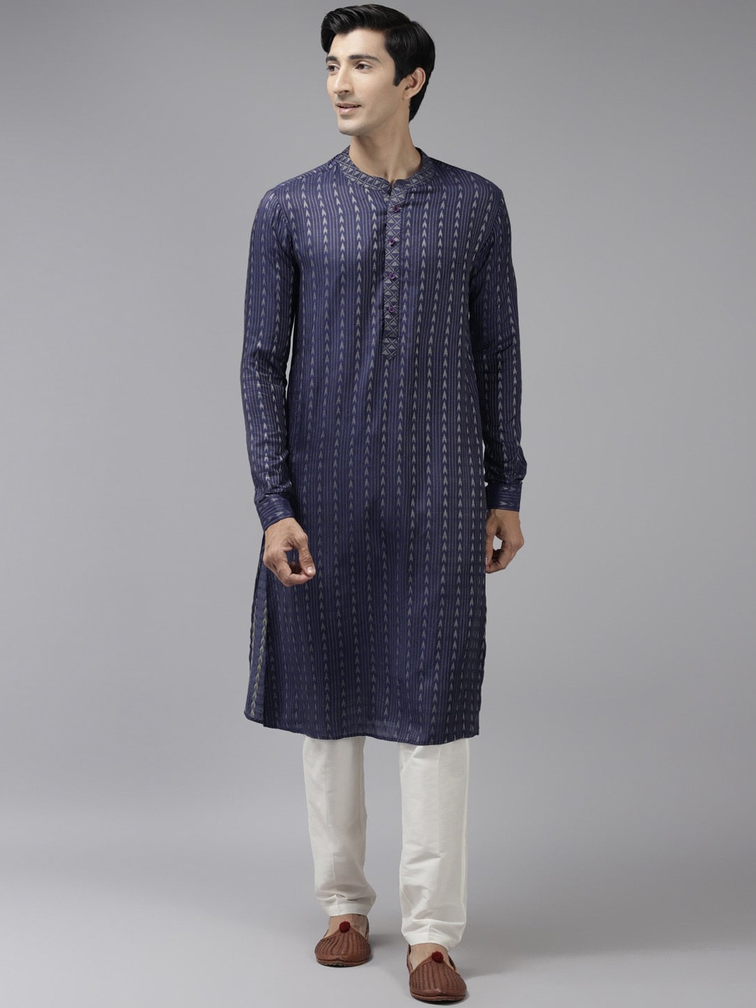 

See Designs Mandarin Collar Art Silk Kurta, Blue