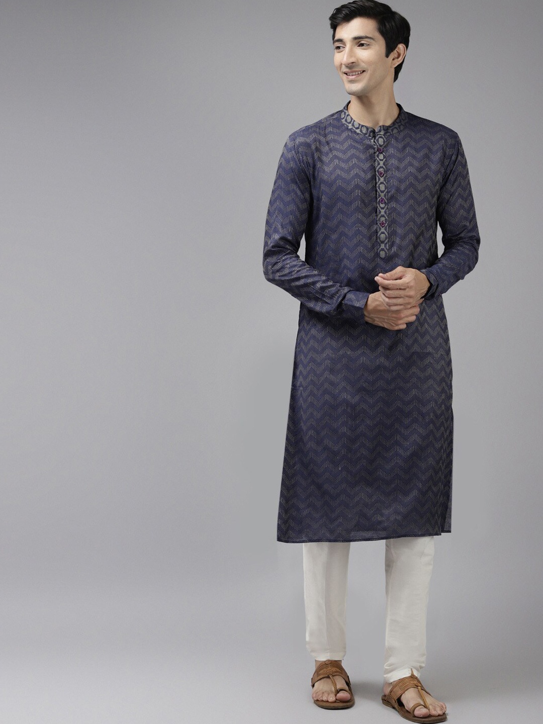 

See Designs Mandarin Collar Art Silk Kurta, Navy blue