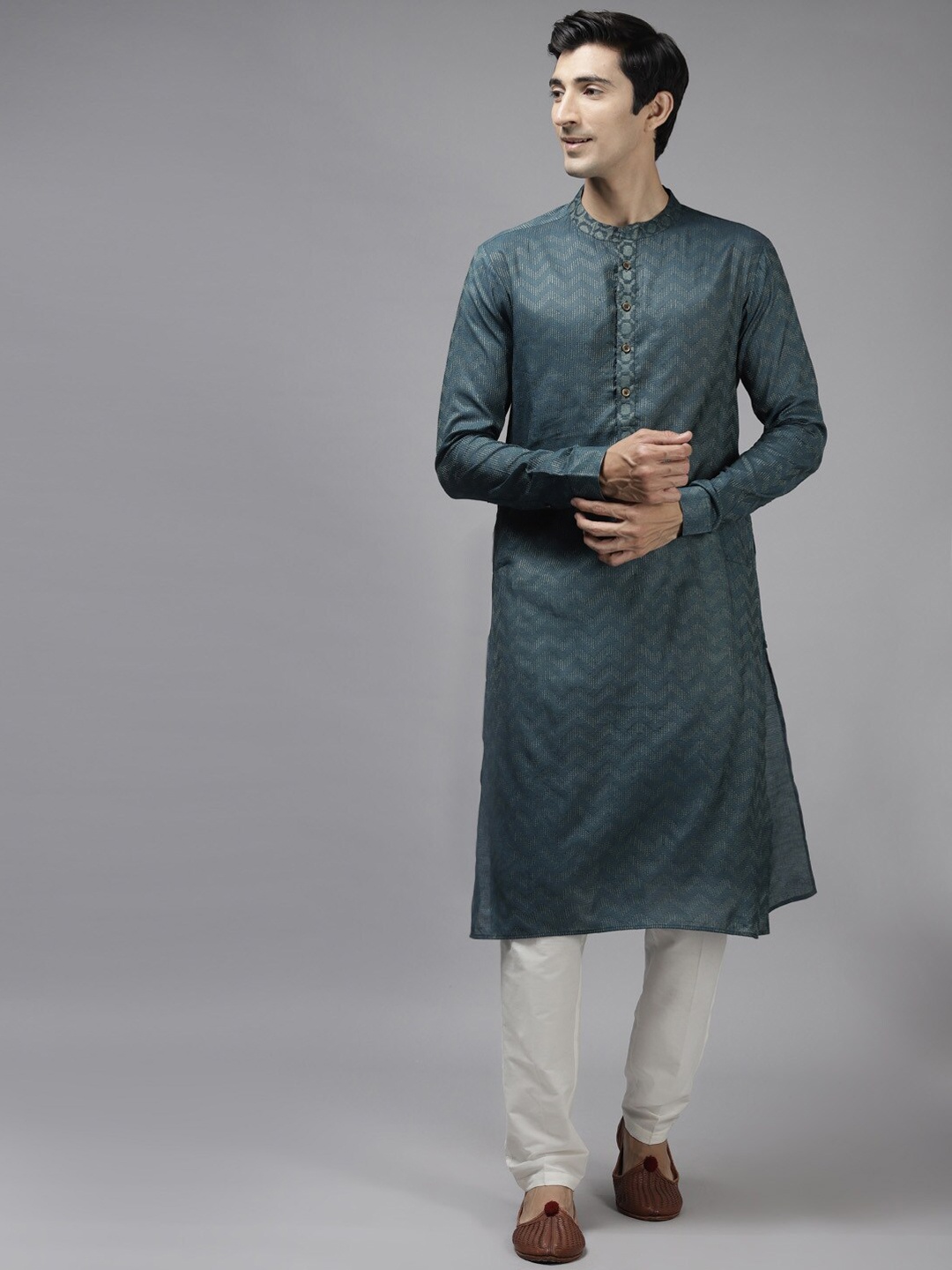 

See Designs Men Woven Design Mandarin Collar Kurta, Teal