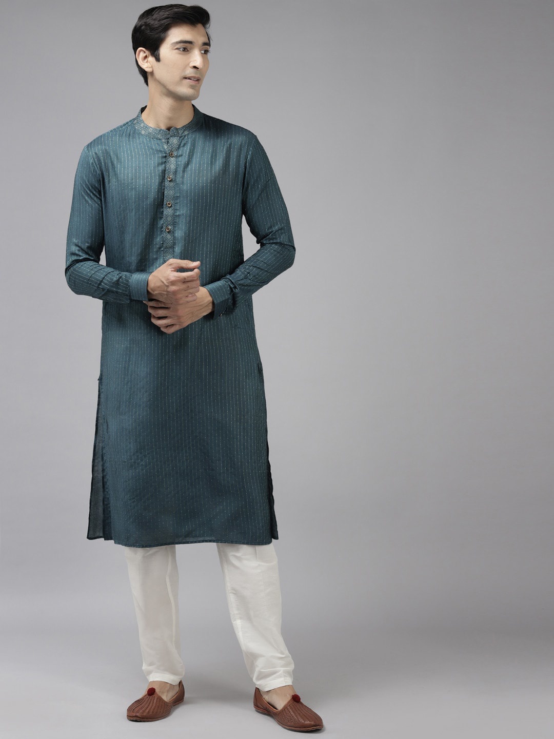 

See Designs Mandarin Collar Pure Cotton Kurta, Teal