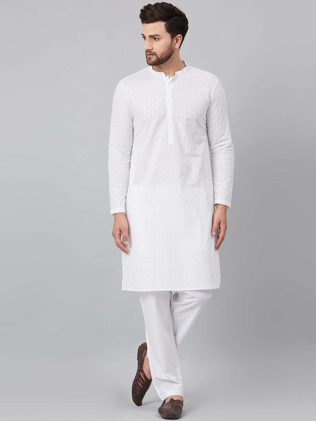 

See Designs Men Embroidered Chikankari Pure Cotton Kurta with Trousers, White