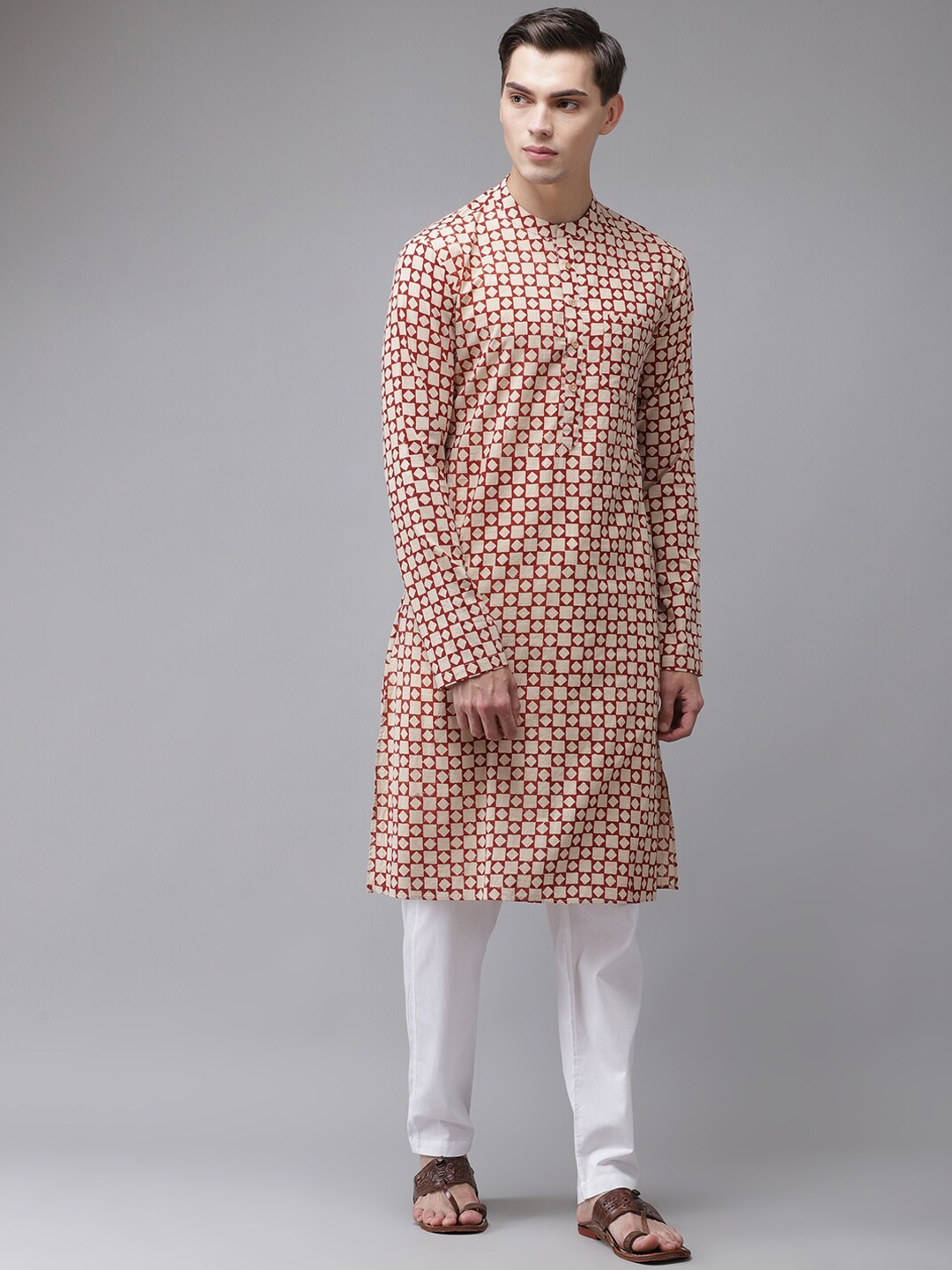 

See Designs Men Geometric Handloom Cotton Kurta, Beige