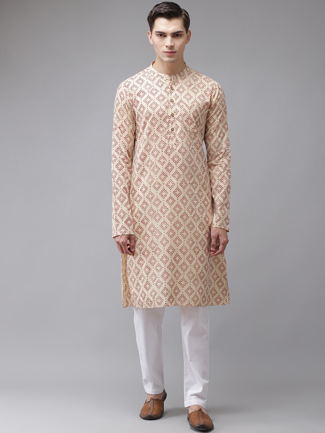 

See Designs Men Geometric Printed Handloom Cotton Kurta, Beige