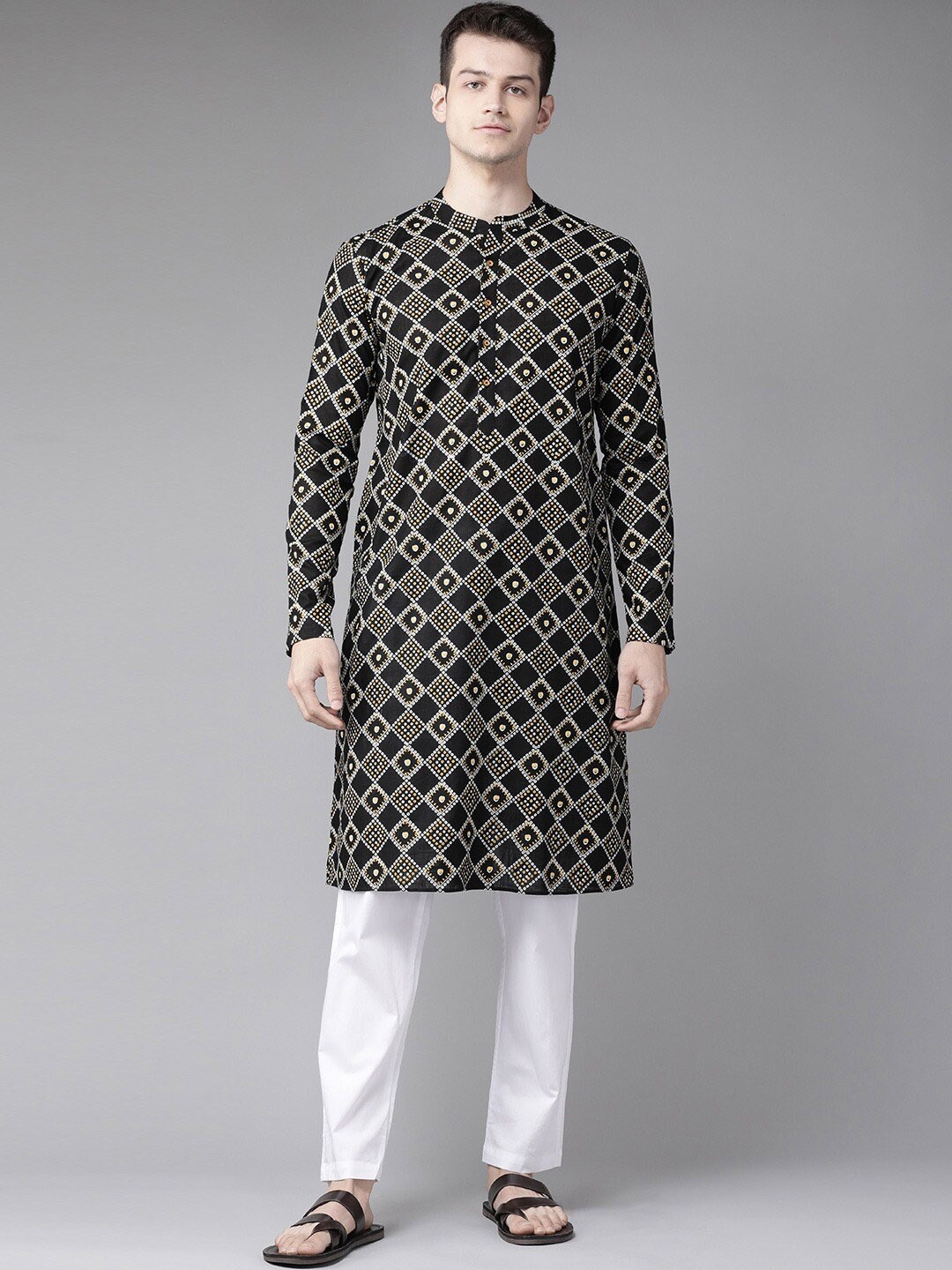 

See Designs Men Geometric Printed Cotton Kurta, Black