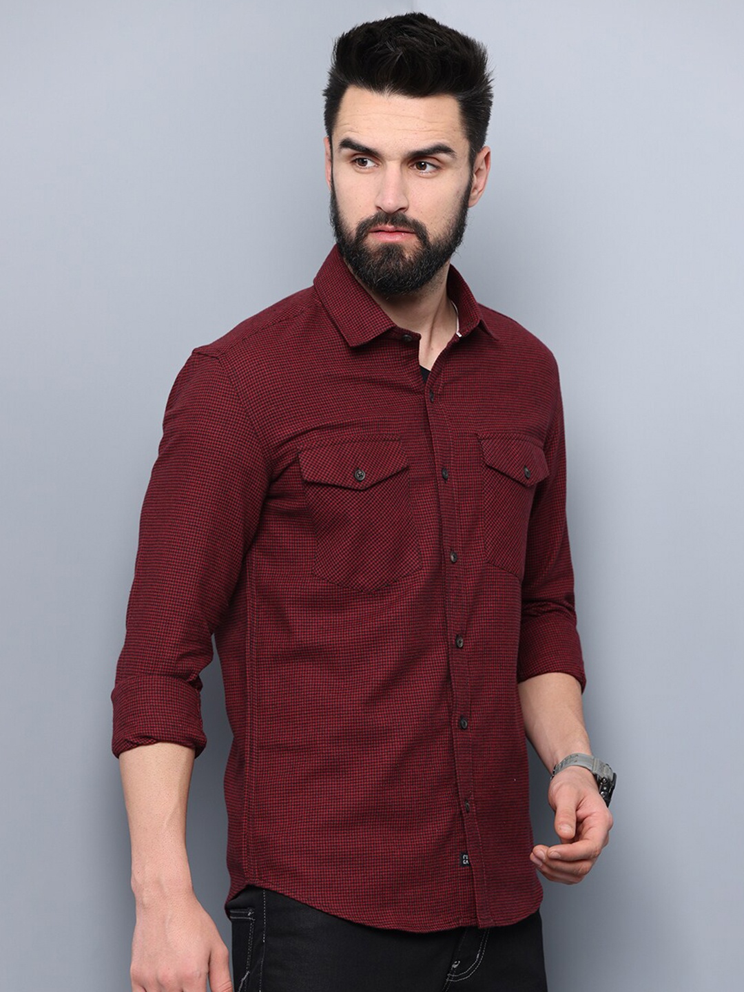 

FOGA Men Standard Slim Fit Checked Pure Cotton Casual Shirt, Maroon