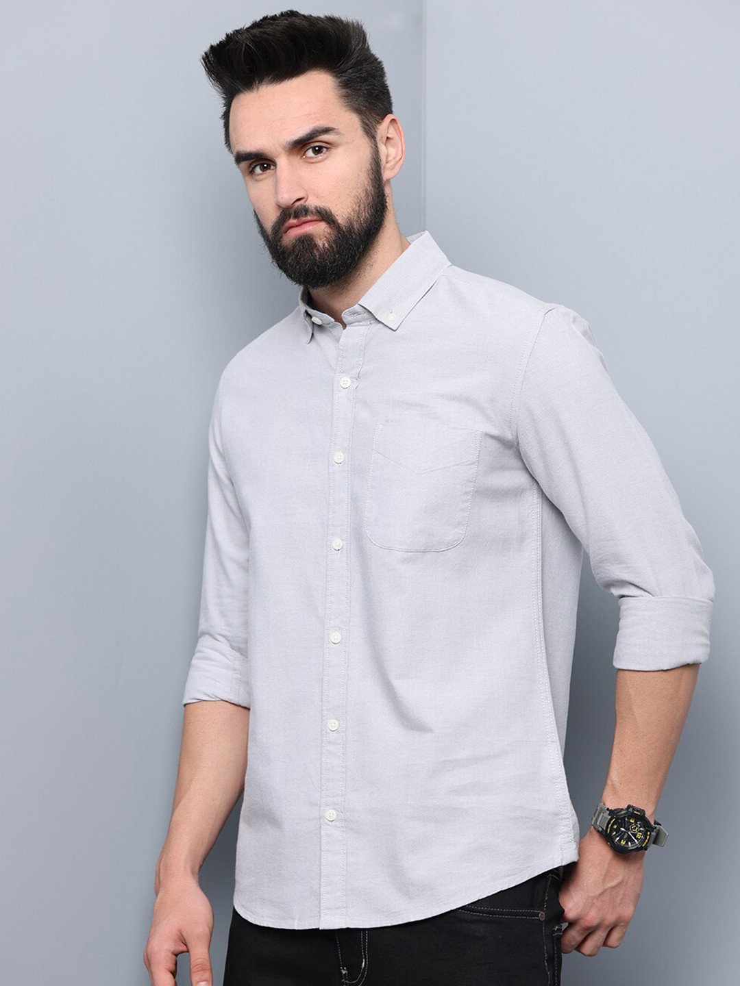 

FOGA Men Solid Cotton Slim Fit Casual Shirt, Grey