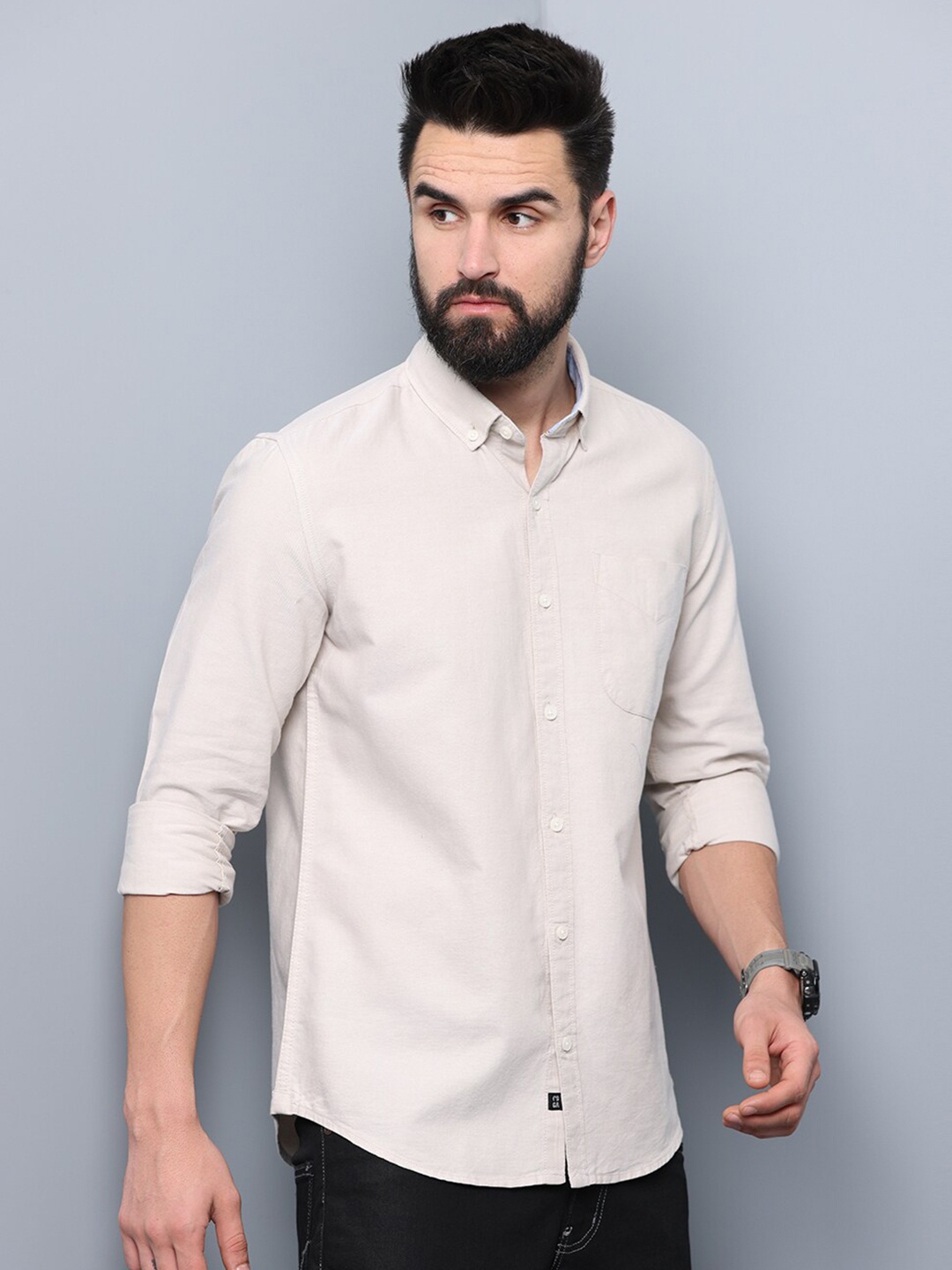 

FOGA Men Solid Cotton Slim Fit Casual Shirt, Cream