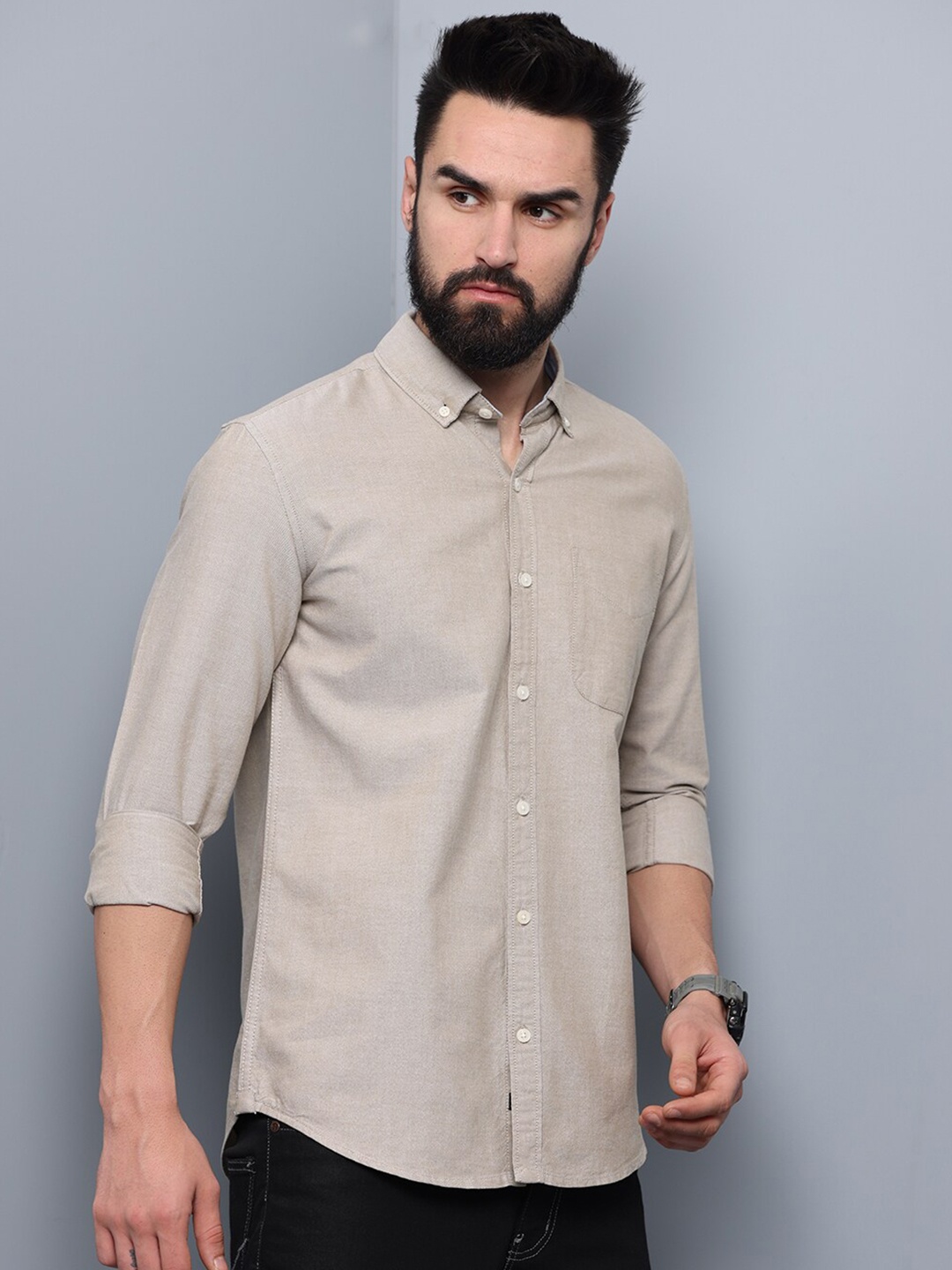 

FOGA Men Solid Cotton Slim Fit Casual Shirt, Grey