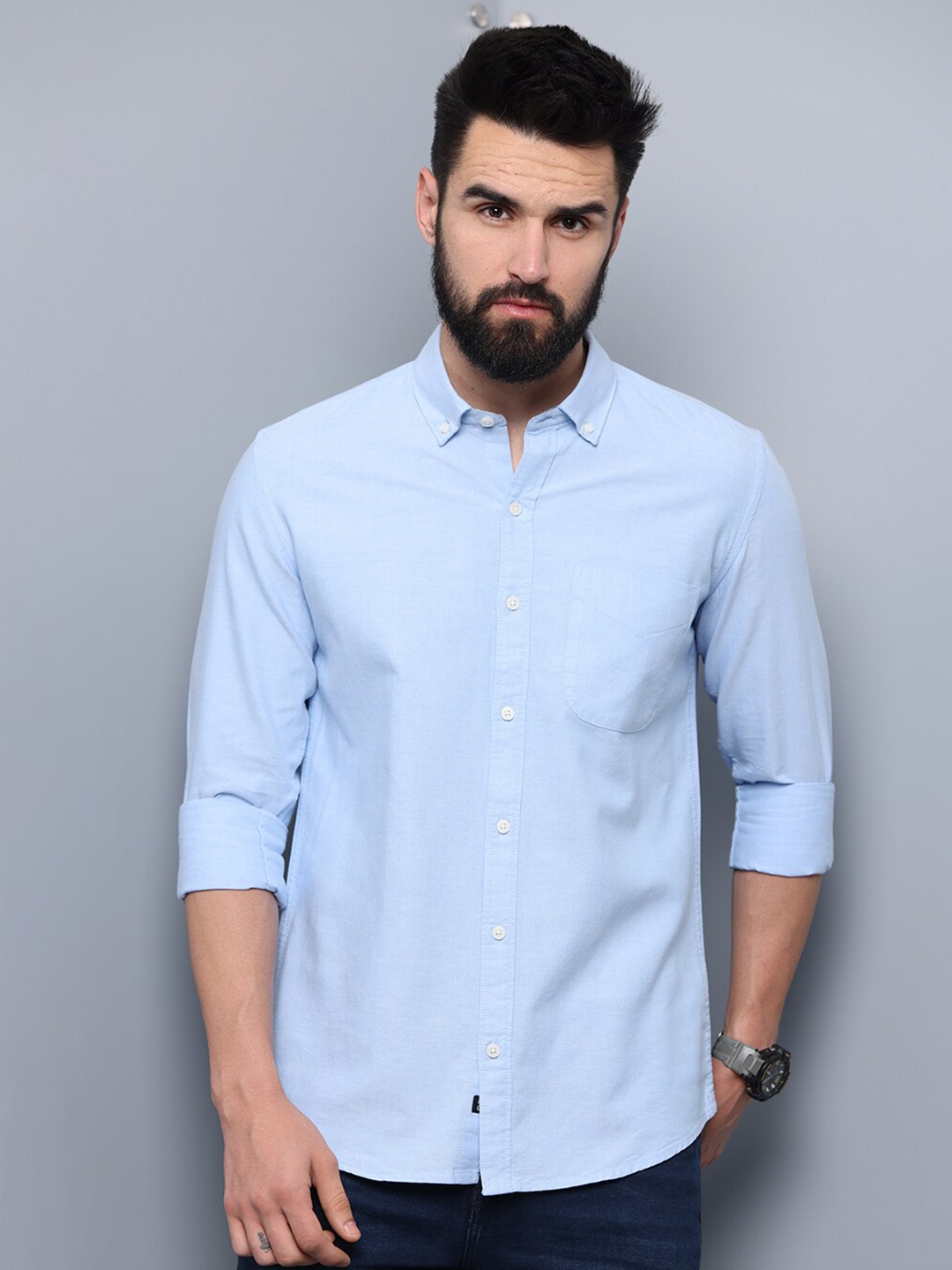 

FOGA Men Solid Cotton Slim Fit Casual Shirt, Turquoise blue