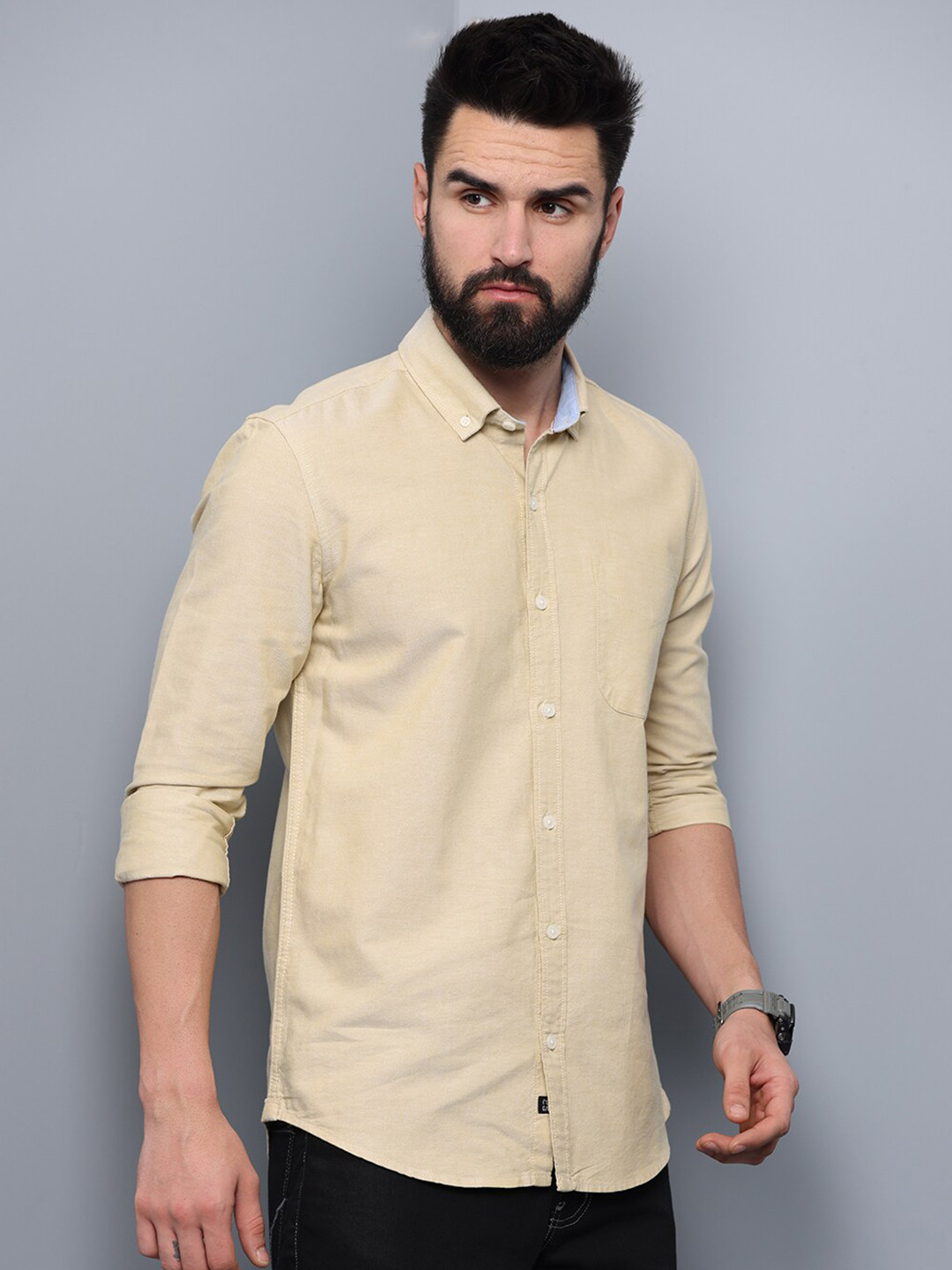 

FOGA Men Solid Cotton Slim Fit Casual Shirt, Cream